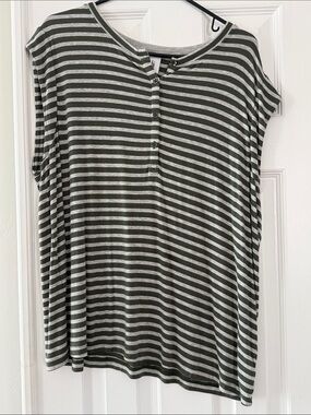 Cabi Striped Olive & Grey Button Henley Top - Women